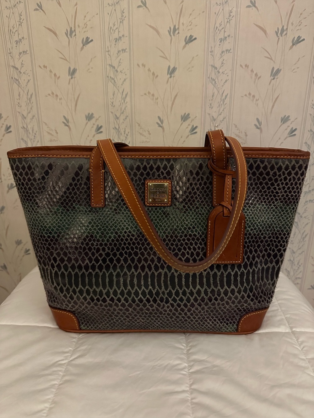 Dooney & Bourke Blue and Green Snake-Print Leather Tote